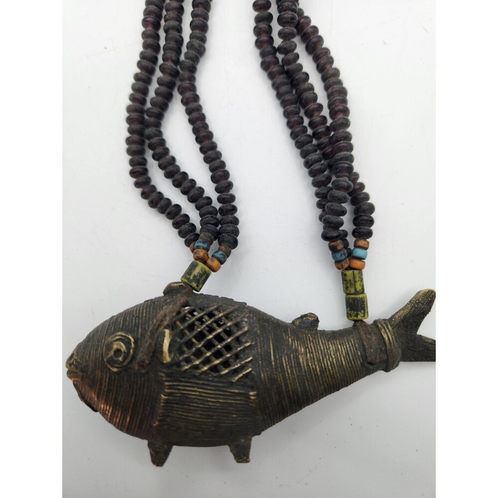 Authentic Vintage Naga Tribal Necklace Brass Fish Pendant Konyak Glass Bead Art